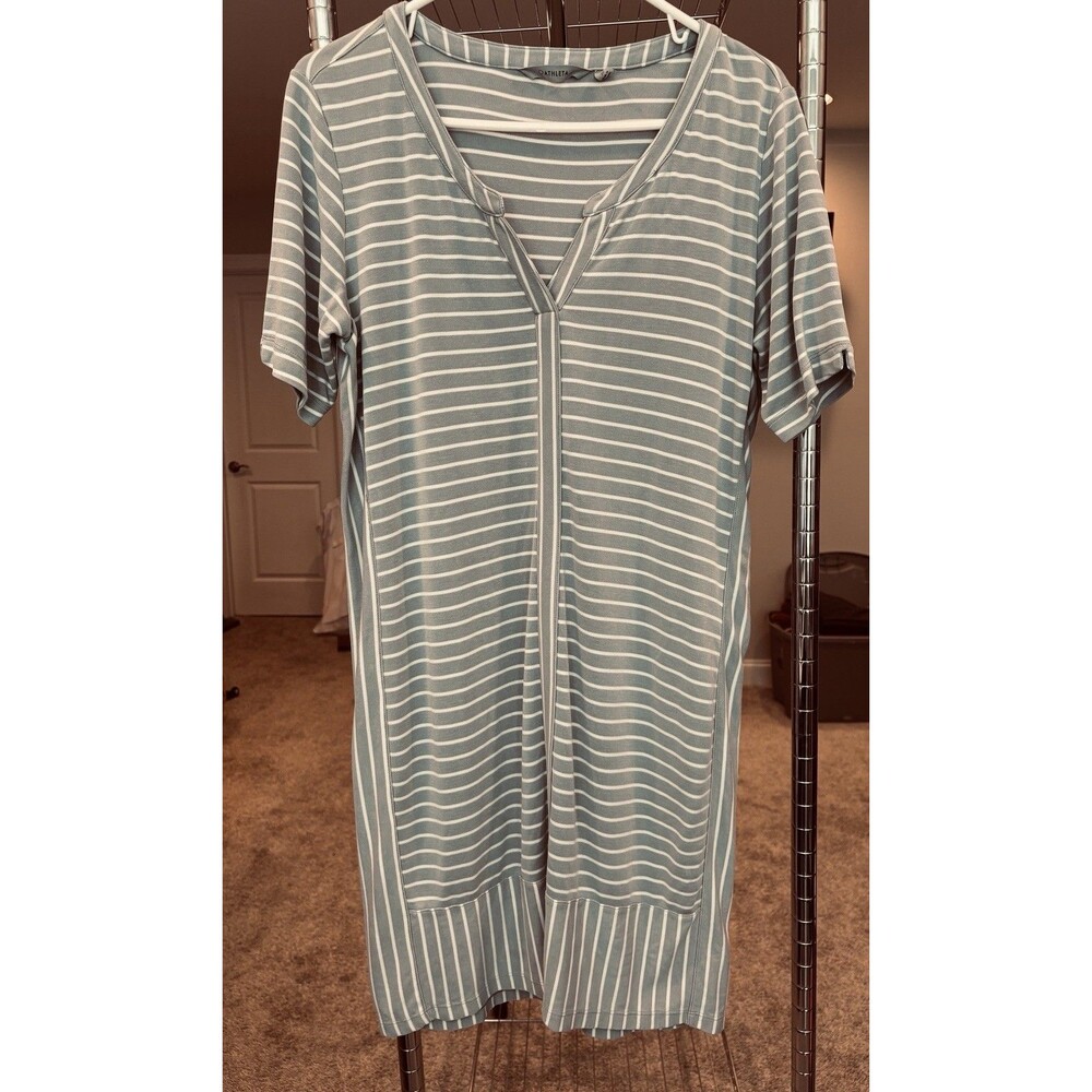 Athleta Gray White Striped Short Sleeve V-Neck Shirt Athleisure Dress Size M